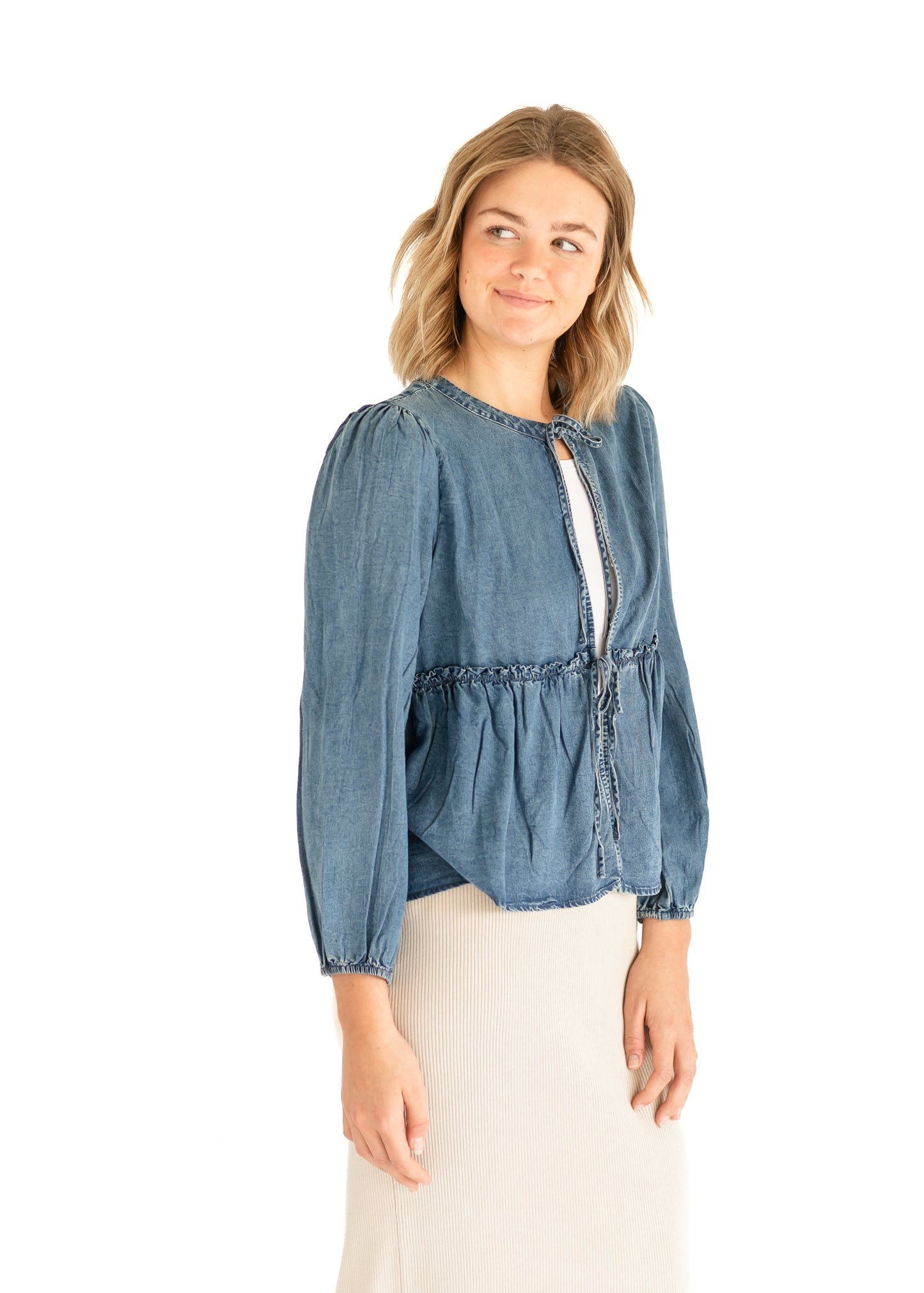 Front Tie Long Sleeve Chambray Top FF Tops