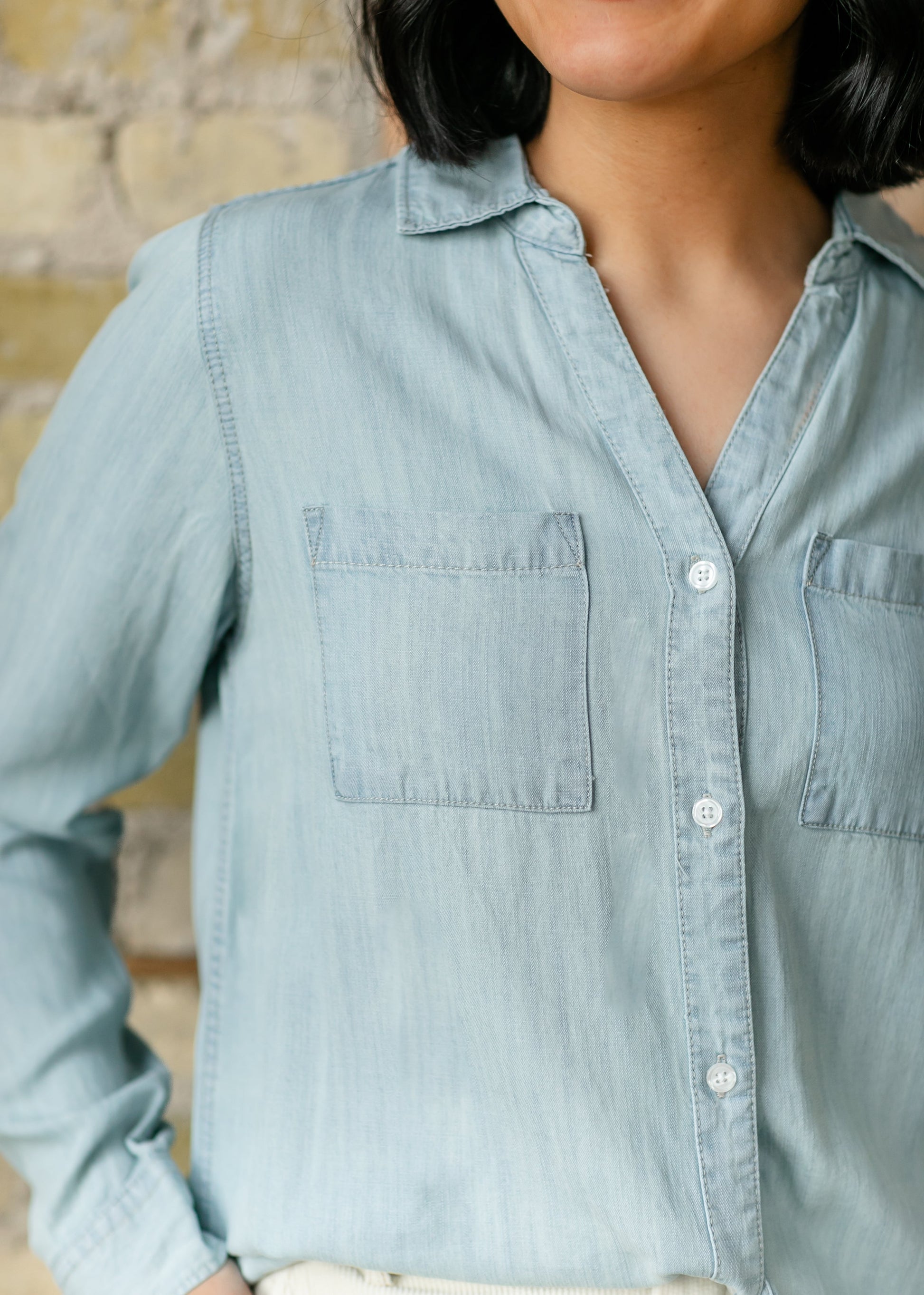 Ginger Chambray Button Up Long Sleeve Top FF Tops