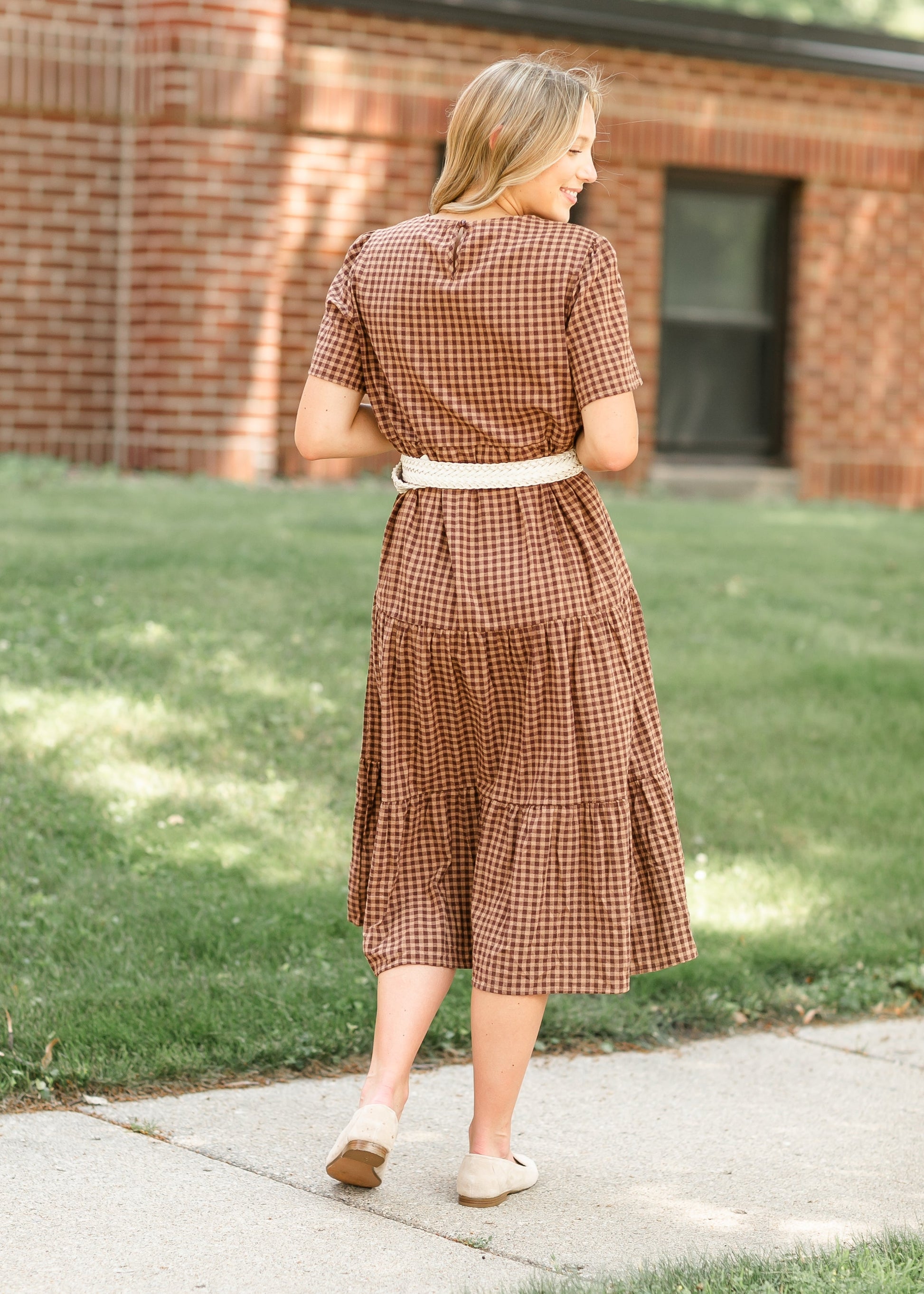 Gingham Brown Tiered Maxi Dress FF Dresses