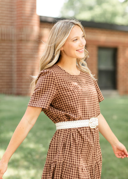 Gingham Brown Tiered Maxi Dress FF Dresses