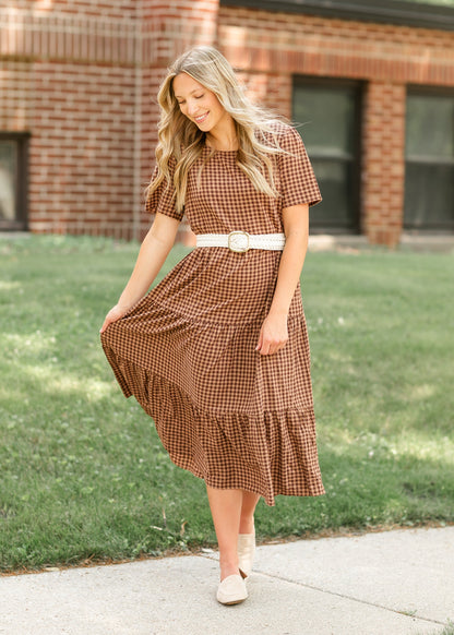 Gingham Brown Tiered Maxi Dress FF Dresses