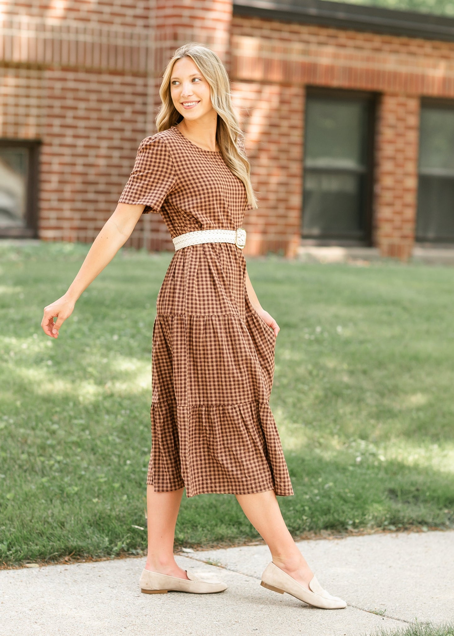 Gingham Brown Tiered Maxi Dress FF Dresses