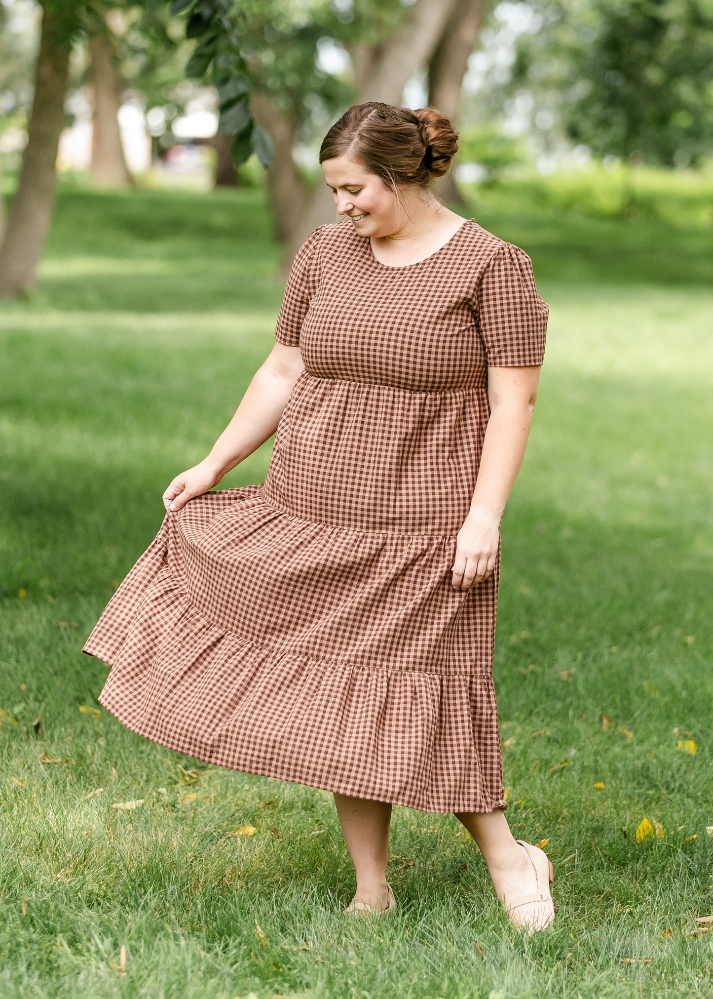 Gingham Brown Tiered Maxi Dress FF Dresses