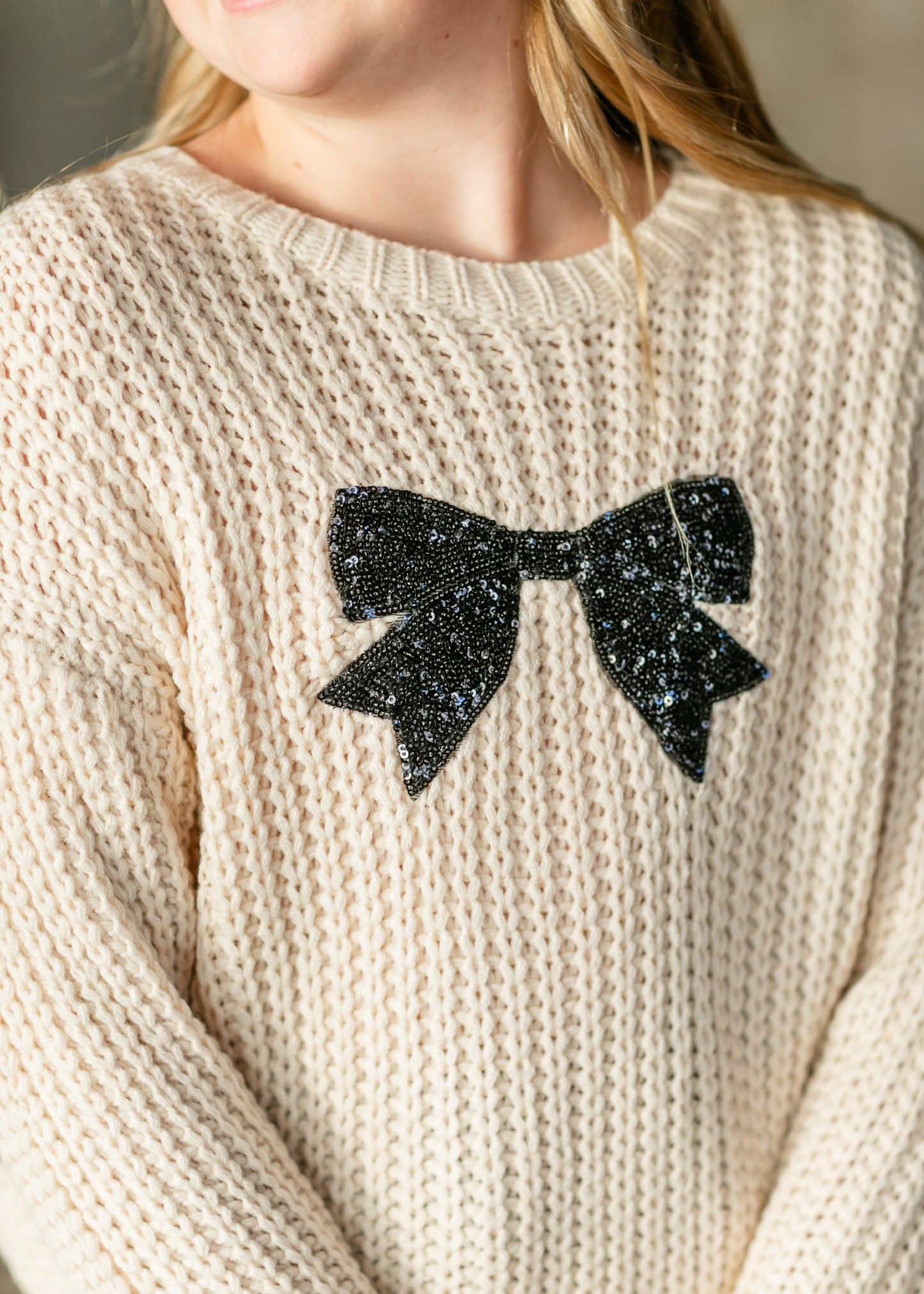 Girl's Crewneck Sequin Bow Knit Sweater FF Girls