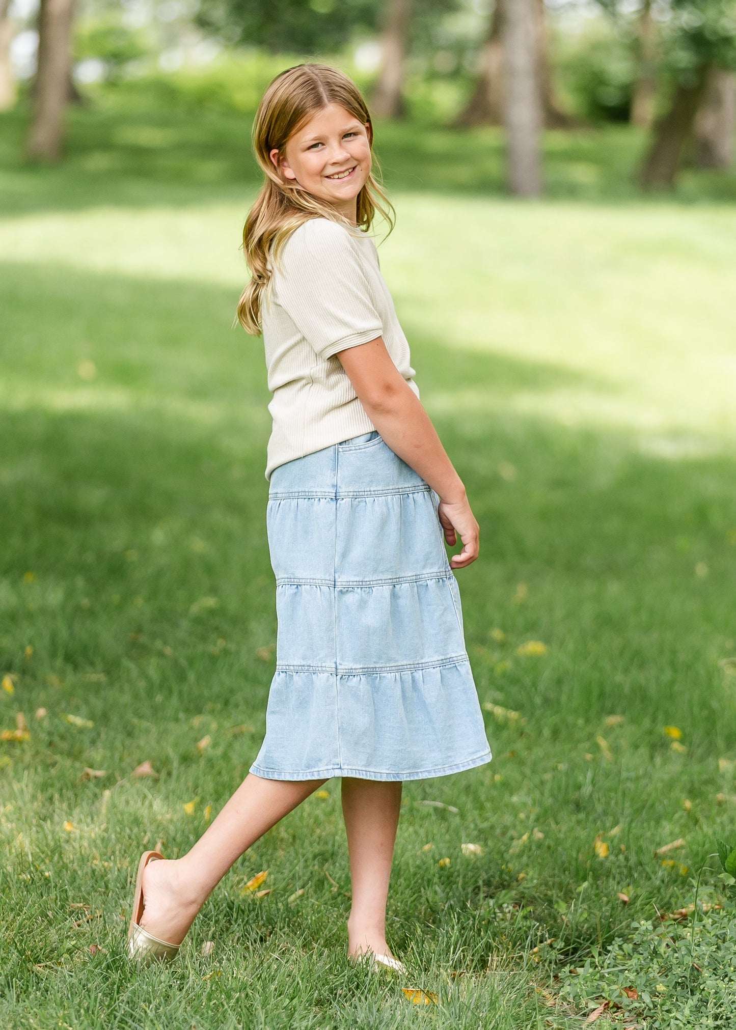 Girl's Front Button Tiered Denim Skirt FF Girls