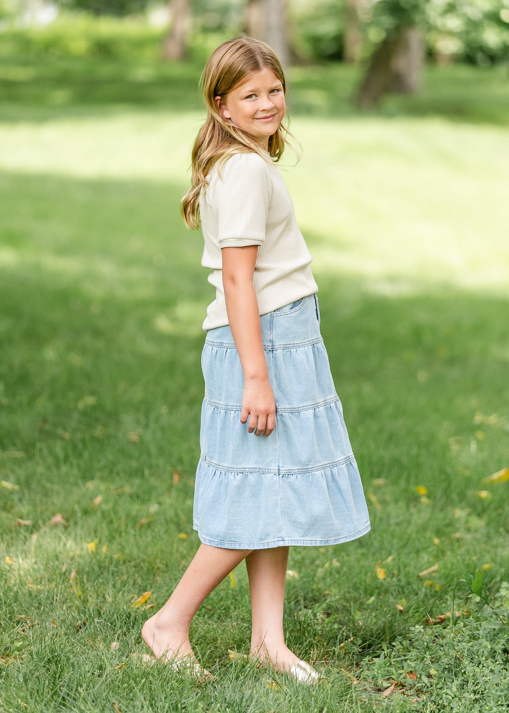 Girl's Front Button Tiered Denim Skirt FF Girls