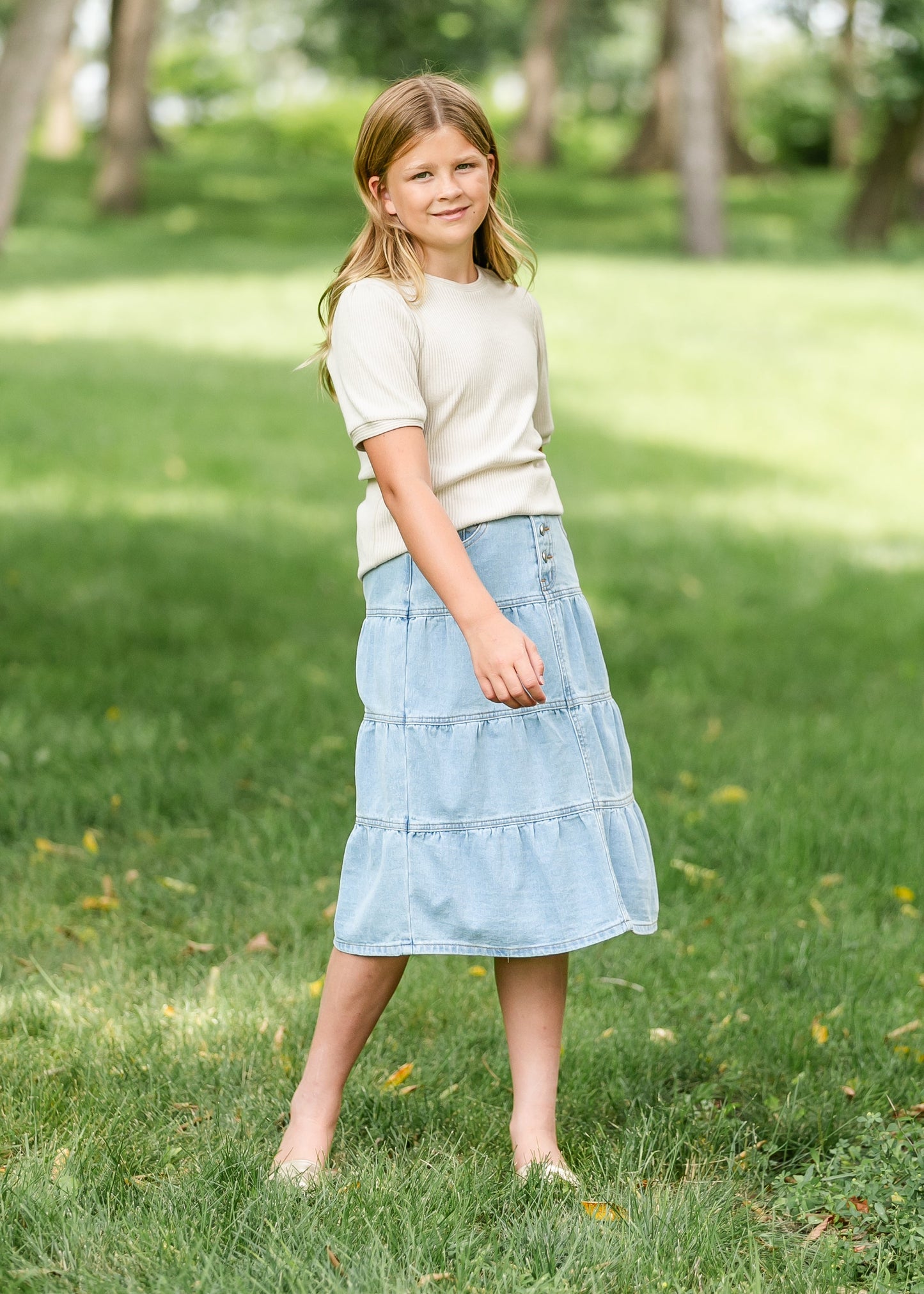 Girl's Front Button Tiered Denim Skirt FF Girls