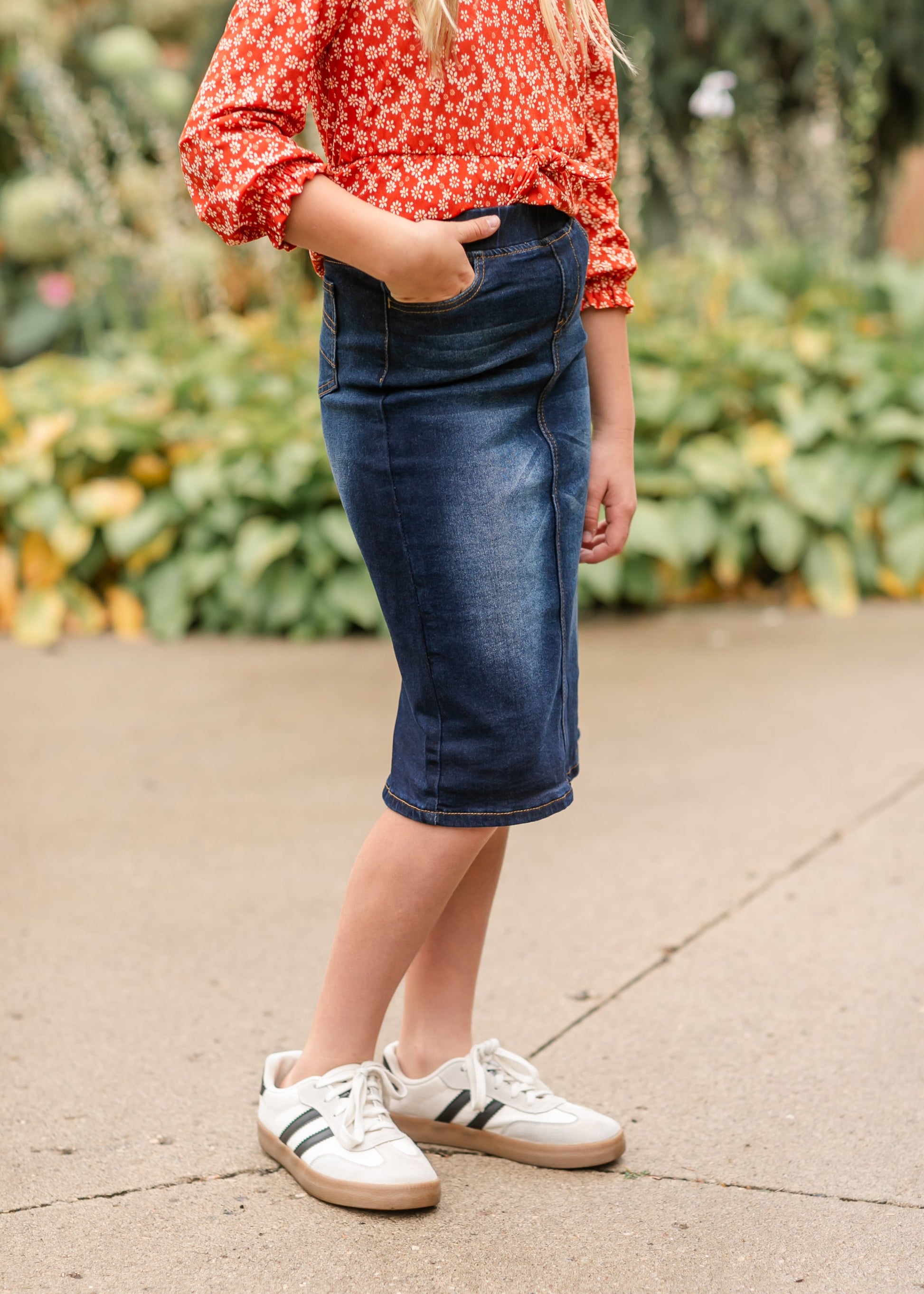 Girl's Indigo Wash Midi Denim Skirt FF Girls