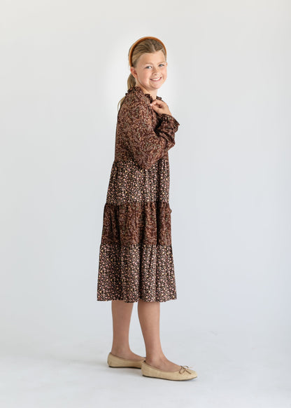 Girl's Long Sleeve Brown Floral Dress FF Dresses