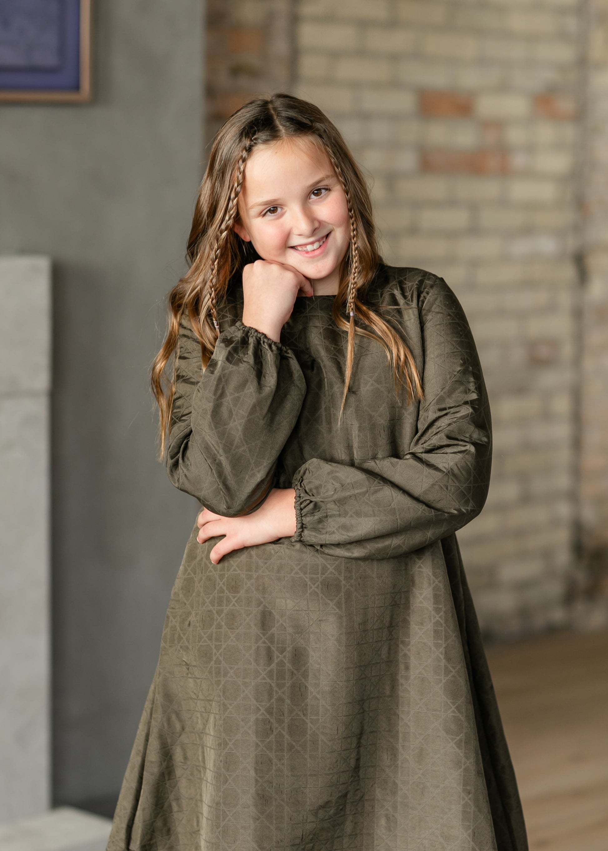 Girl's Long Sleeve Quilted Olive Dress FF Girls