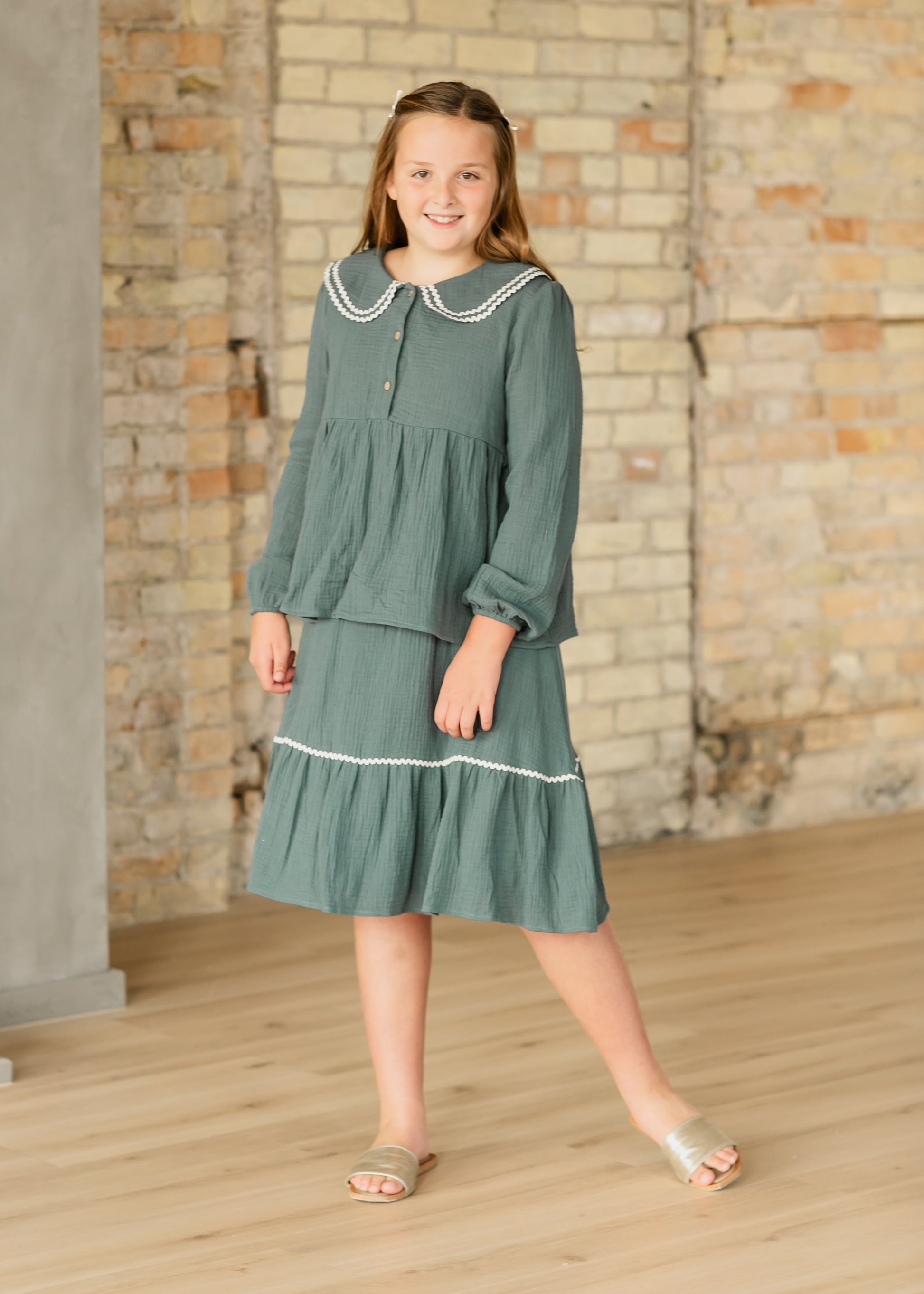 Girl's Peter Pan Collar Green Gauze Cotton Top FF Girls