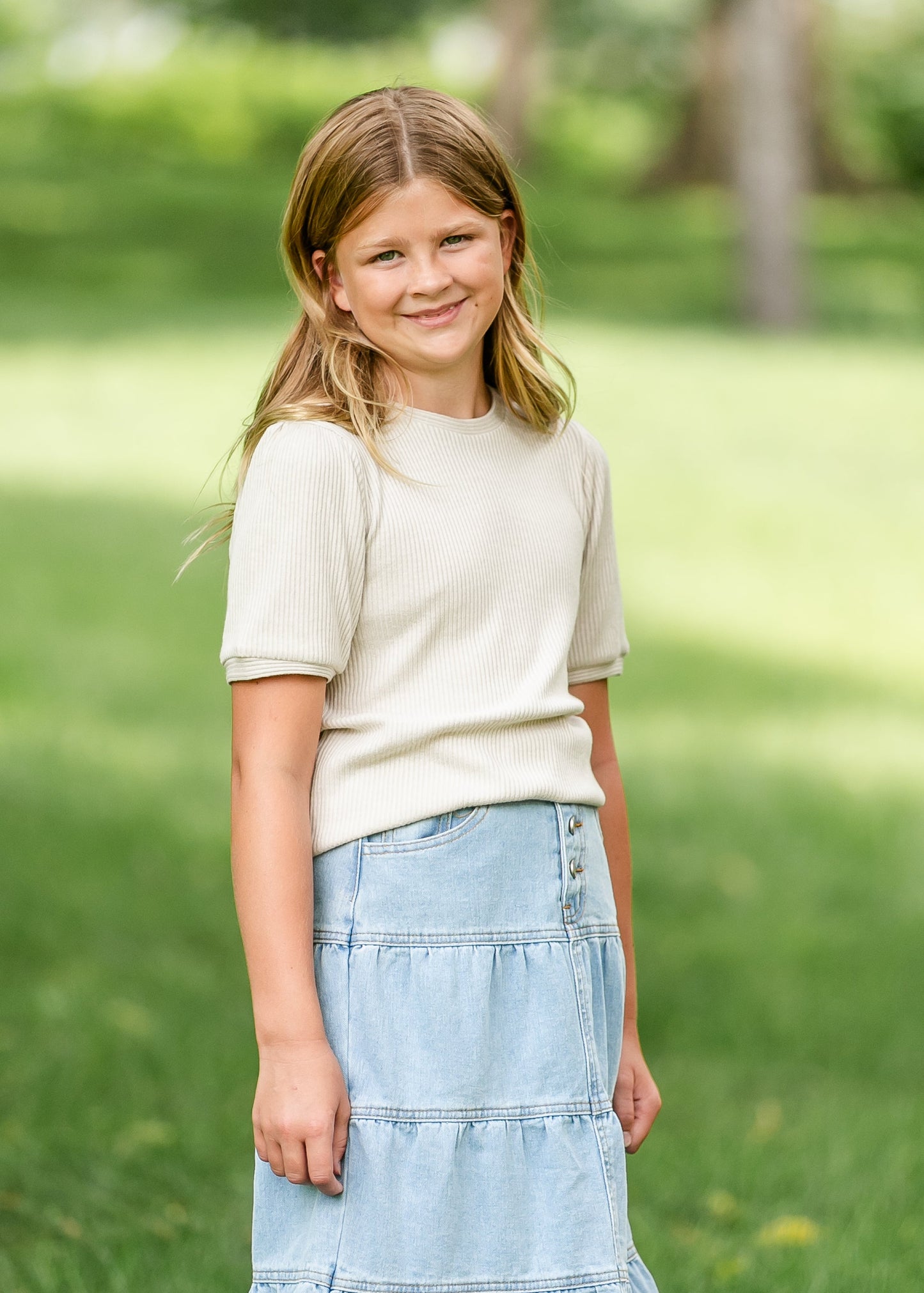 Girl's Ribbed Taupe Short Sleeve Top FF Girls