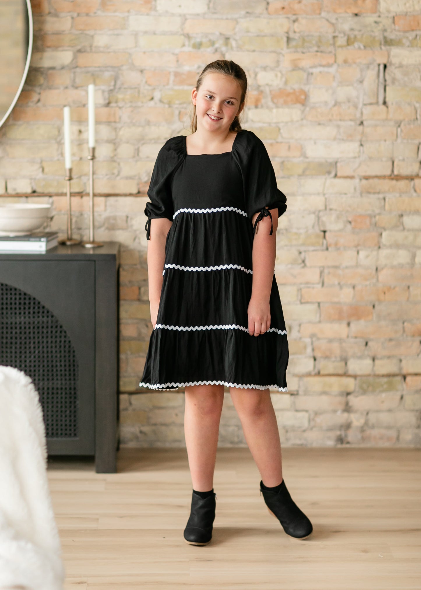 Girl's Ricrac Trimmed Tie Sleeve Black Midi Dress FF Girls