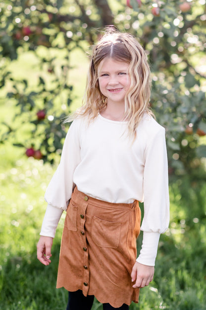 Girls Button Detail Camel Scalloped Midi Skirt FF Girls