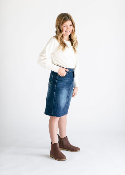 Girls Remi Raw Hem Denim Midi Skirt IC Girls