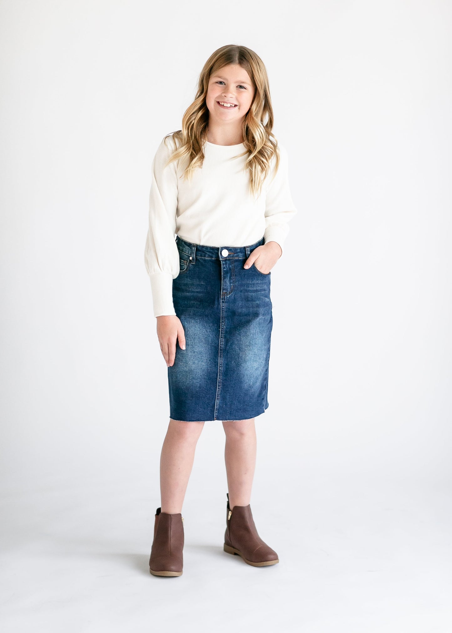 Girls Remi Raw Hem Denim Midi Skirt IC Girls