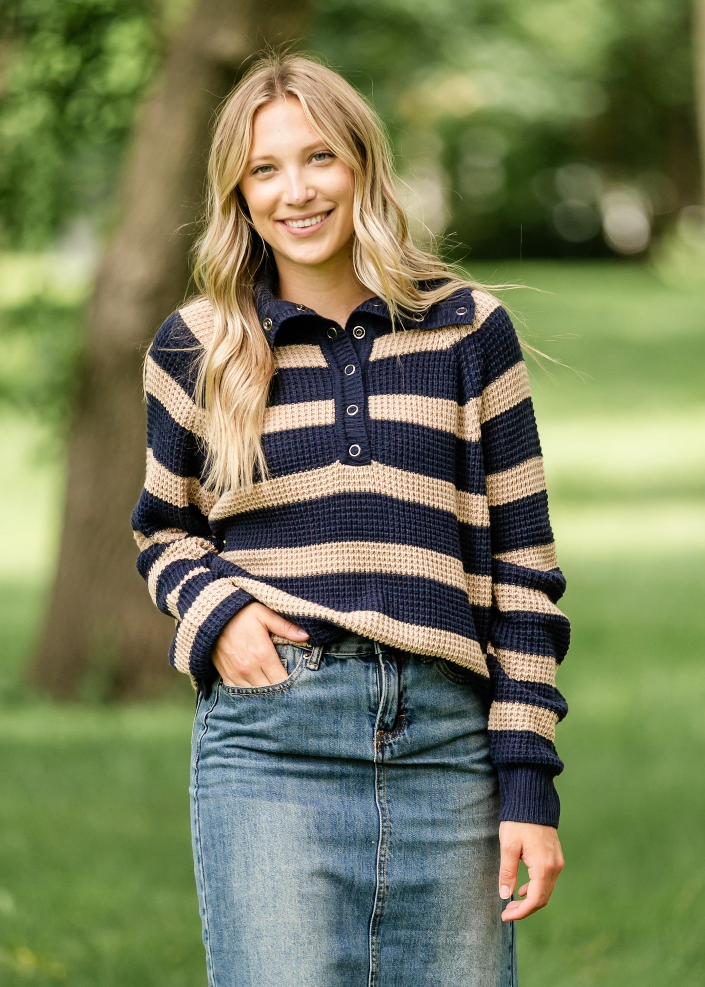 Glenda Navy Stripe Quarter Snap Sweater IC Tops