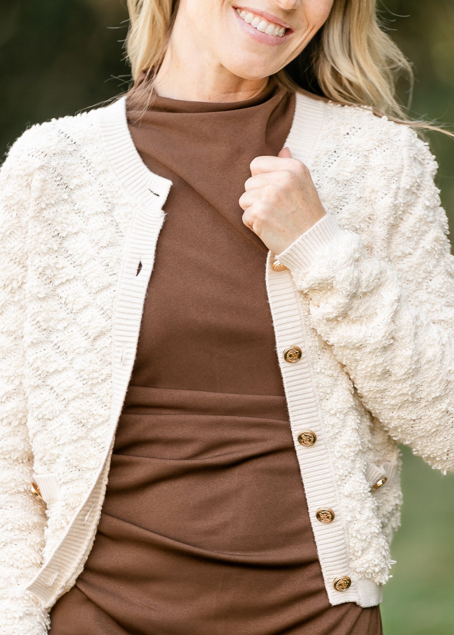 Gold Button Cream Textured Cardigan FF Tops