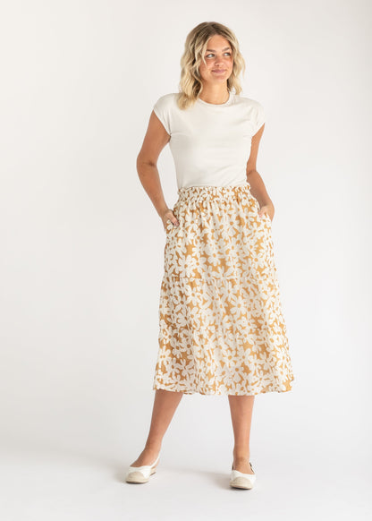 Golden Floral Tiered Midi Skirt FF Skirts