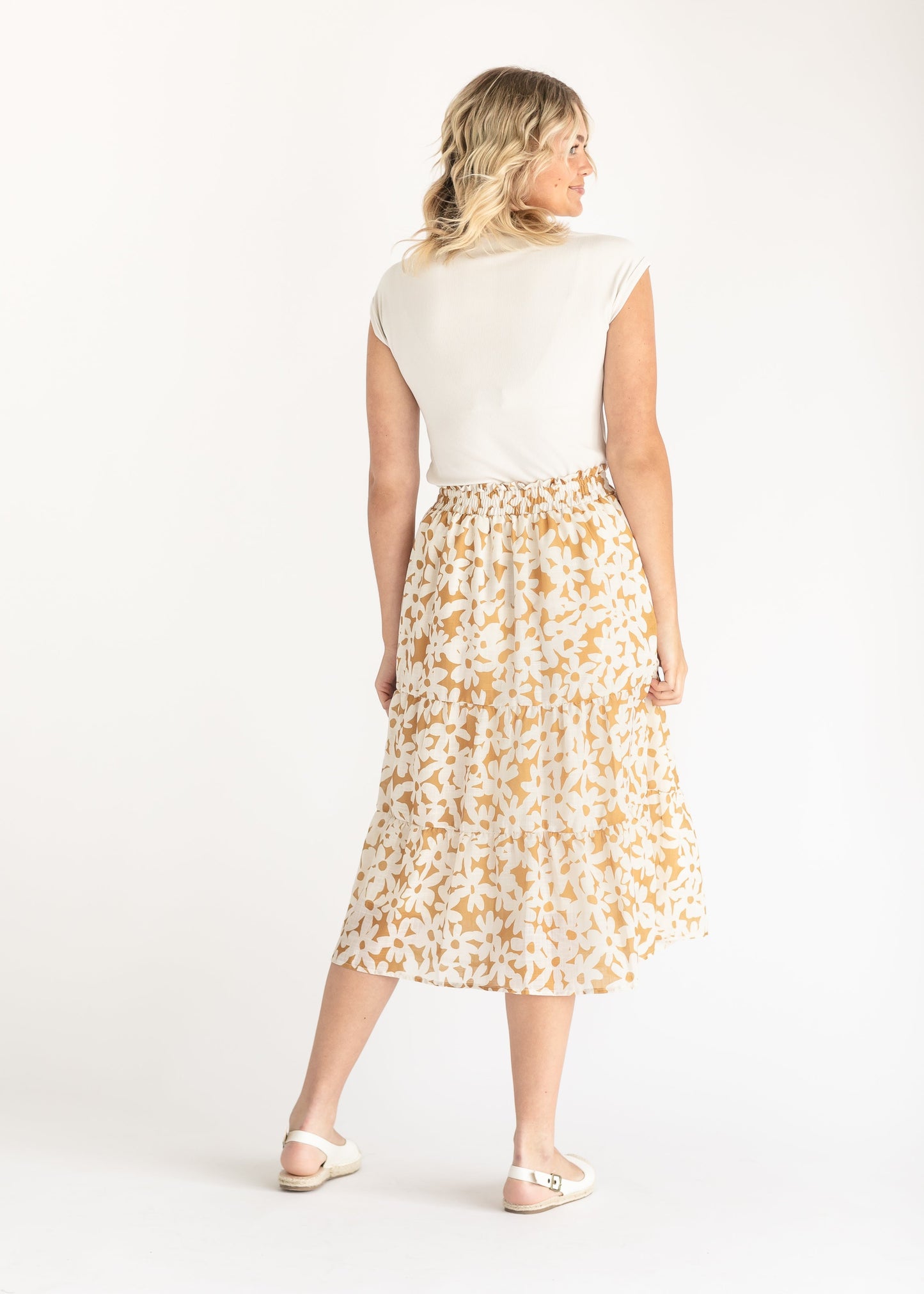 Golden Floral Tiered Midi Skirt FF Skirts