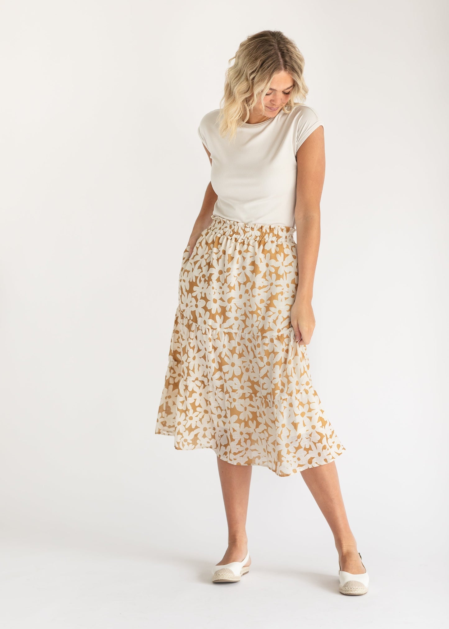 Golden Floral Tiered Midi Skirt FF Skirts