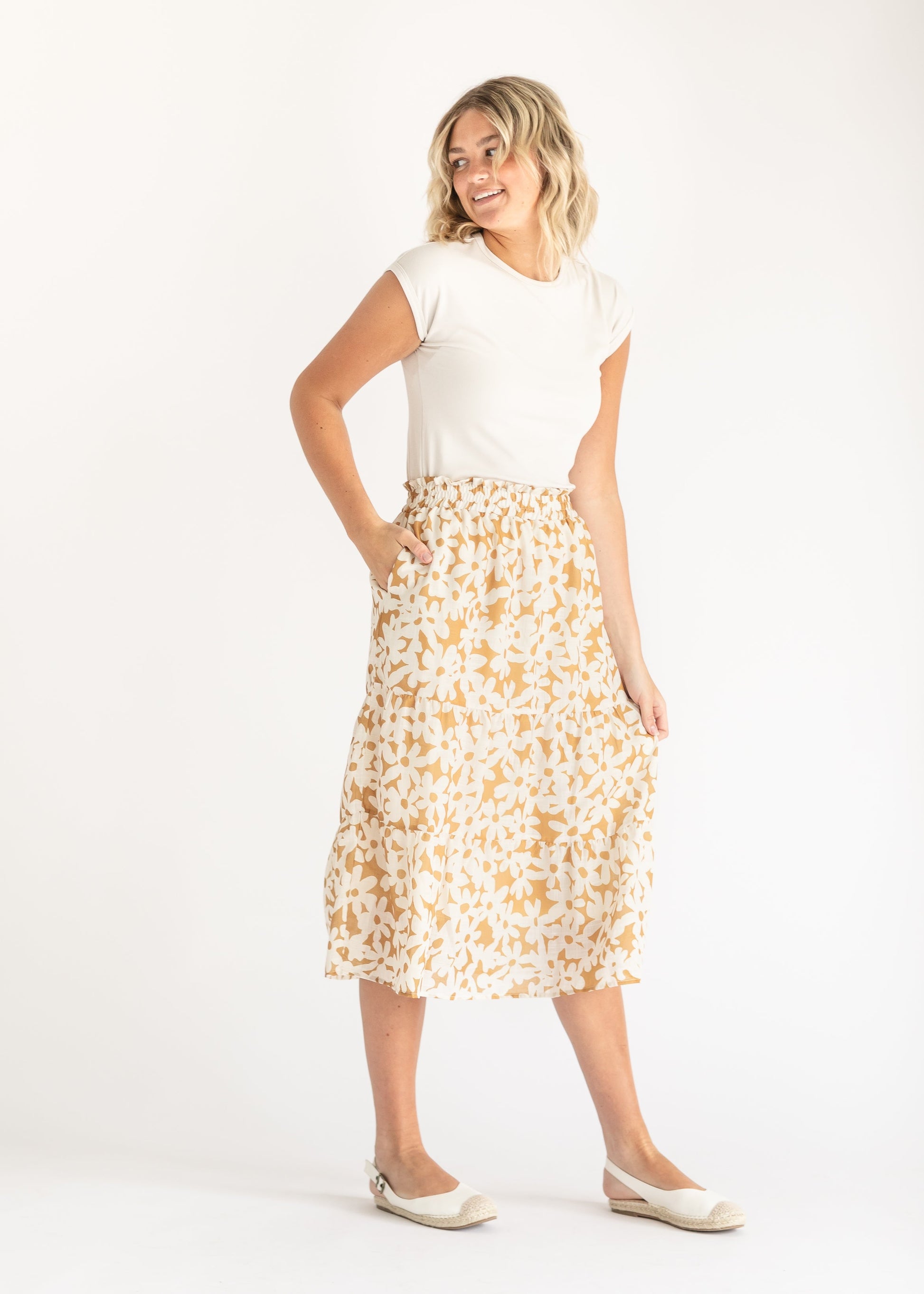 Golden Floral Tiered Midi Skirt FF Skirts