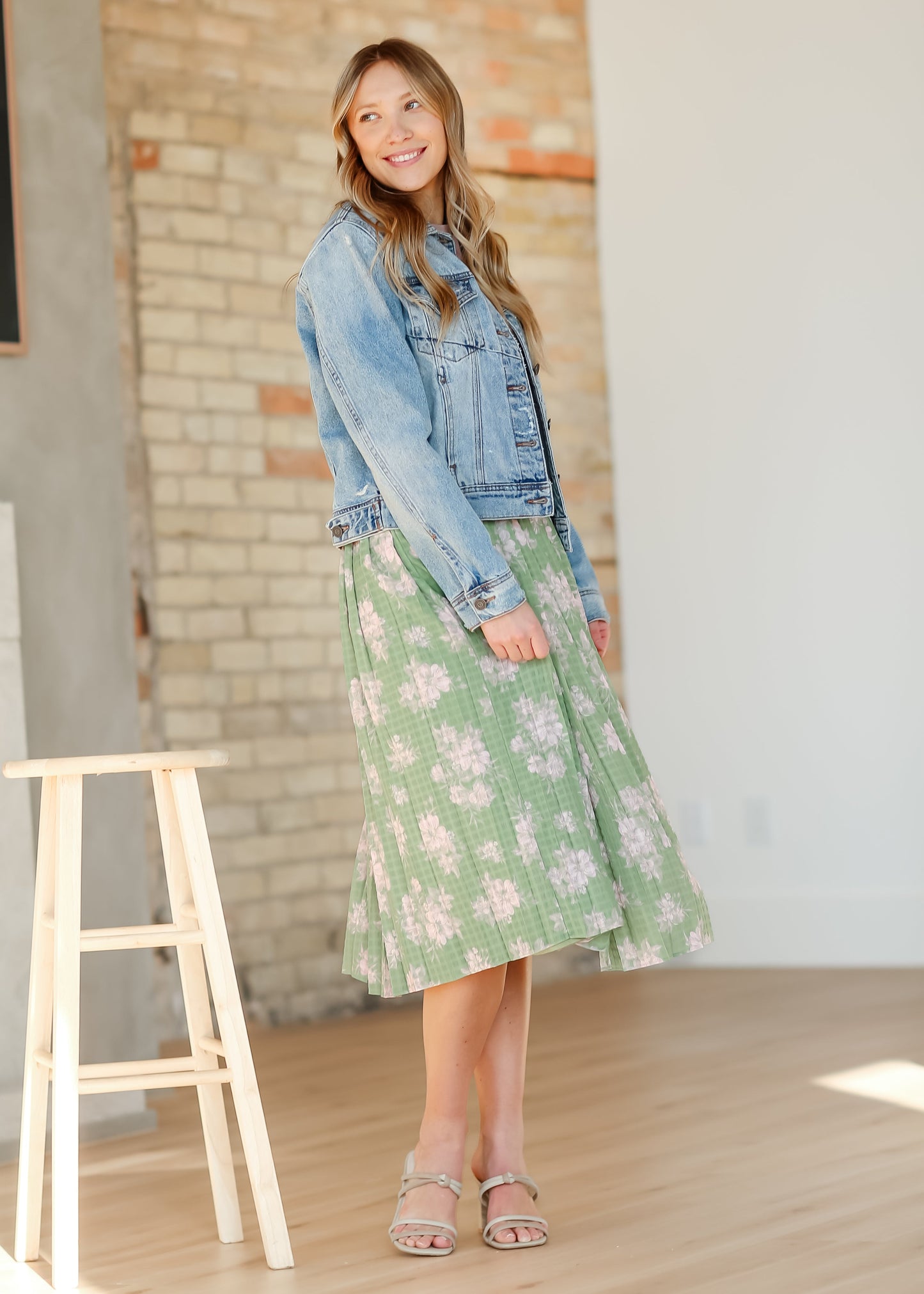 Green Floral Pleated Midi Skirt FF Skirts