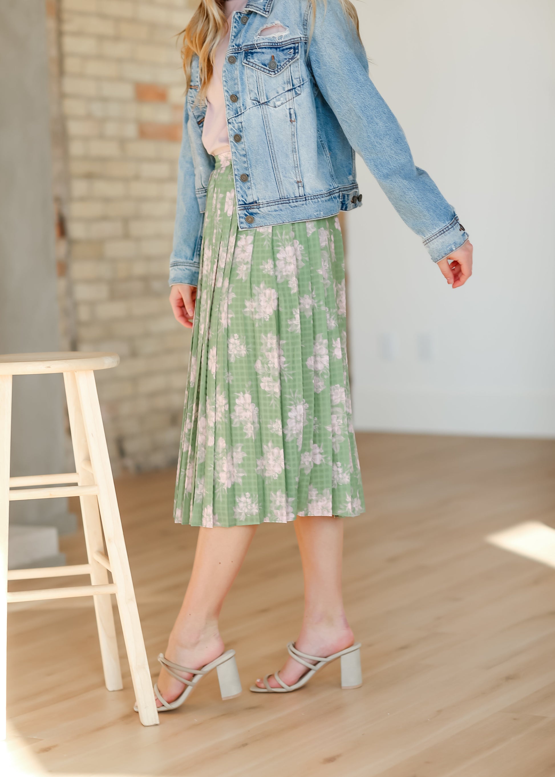 Green Floral Pleated Midi Skirt FF Skirts