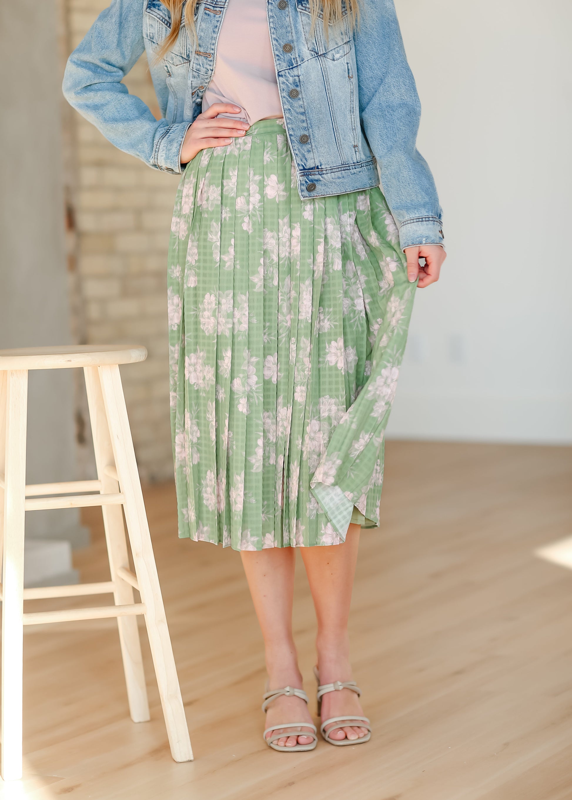 Green Floral Pleated Midi Skirt FF Skirts