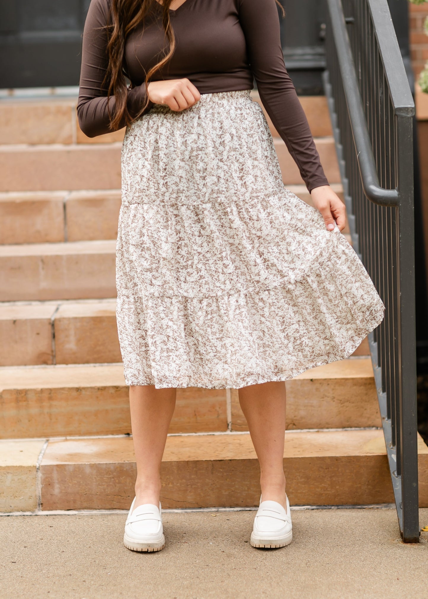 Harlow Abstract Floral Tiered Midi Skirt FF Skirts White / XS