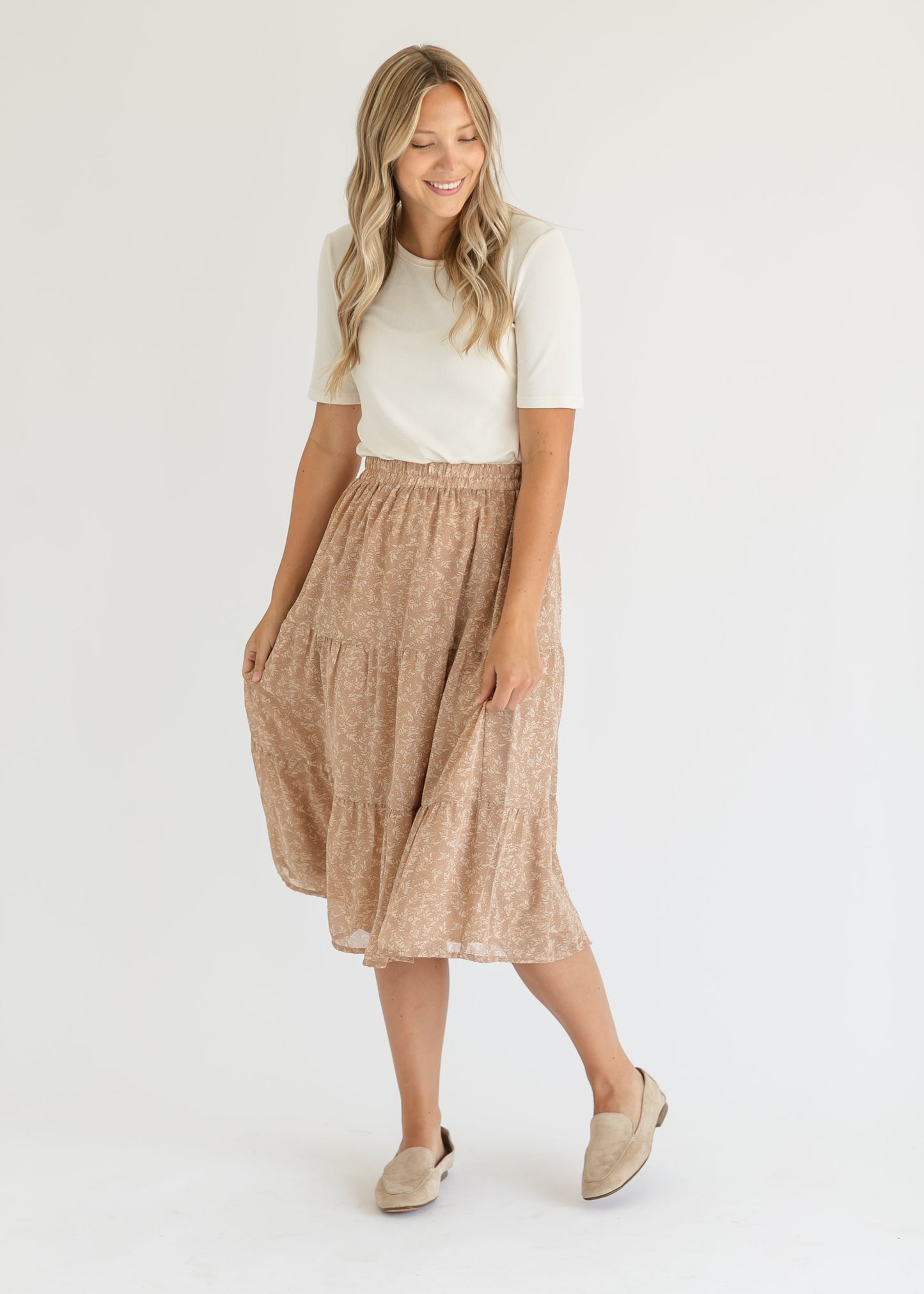 Harlow Taupe Floral Tiered Midi Skirt FF Skirts