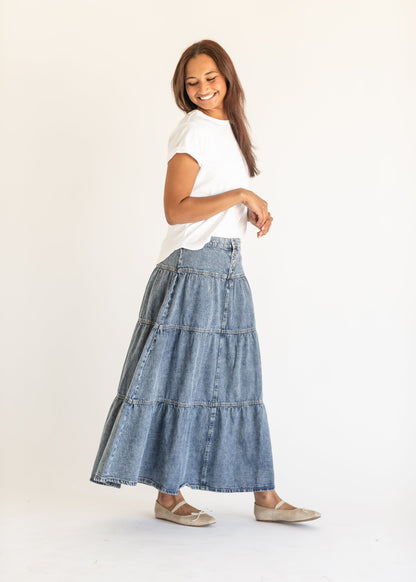 High Rise Ruffle Maxi Denim Skirt FF Skirts