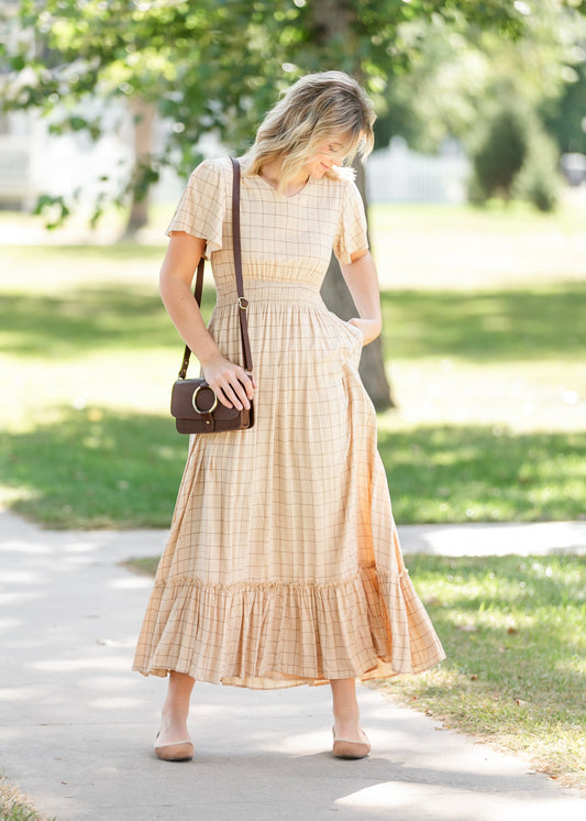 Isabella Taupe Plaid Maxi Dress IC Dresses