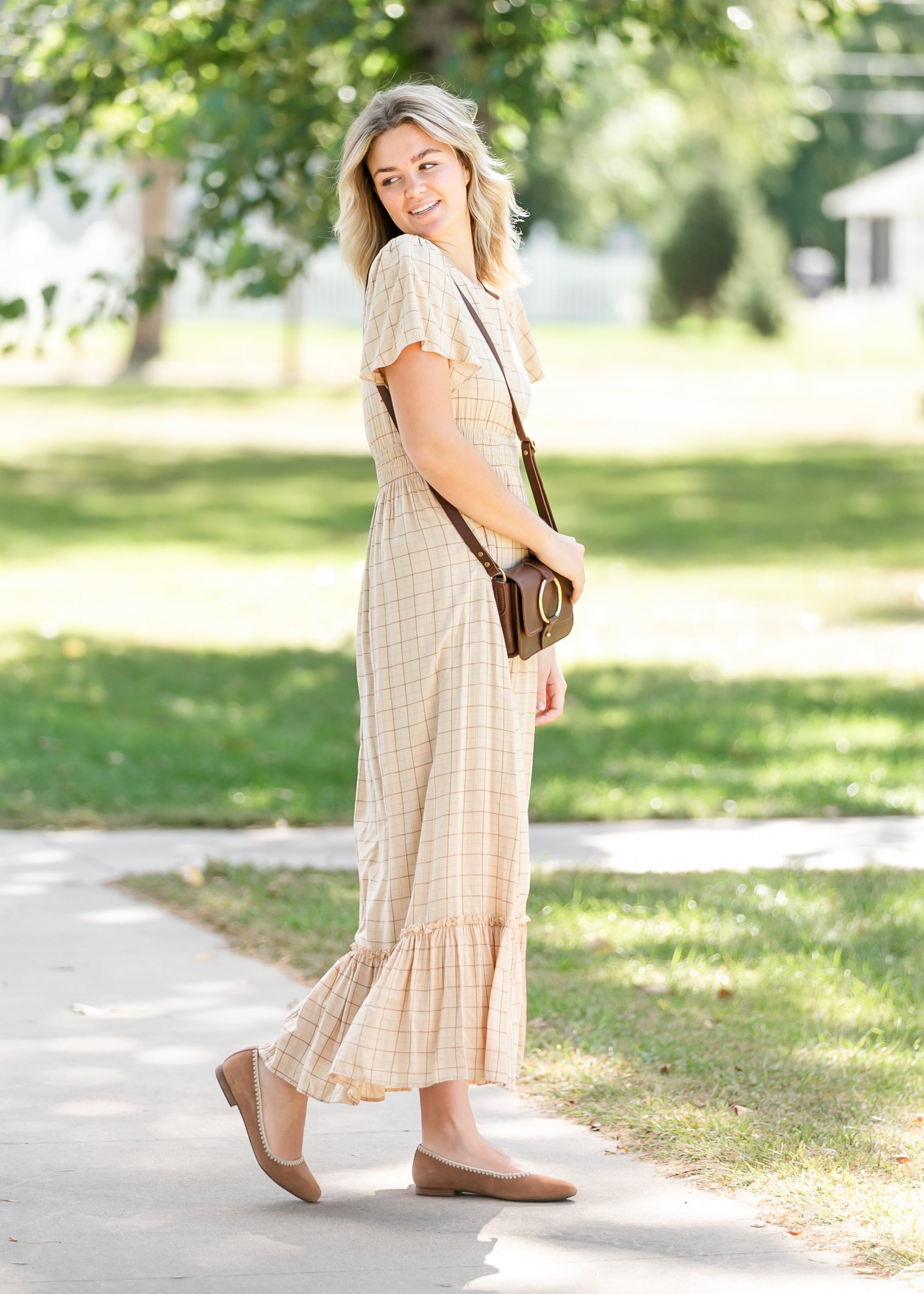 Isabella Taupe Plaid Maxi Dress IC Dresses