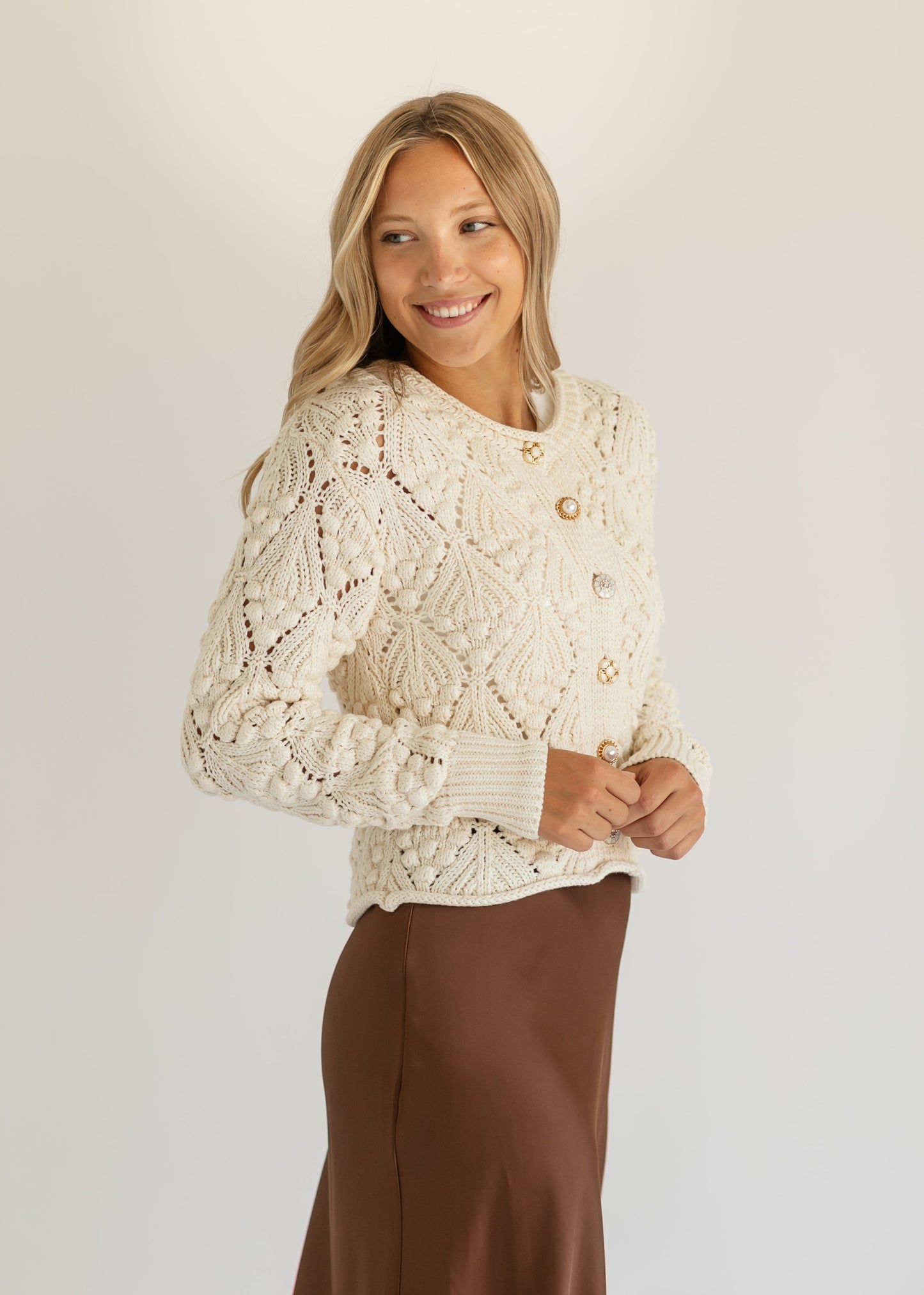 Ivory Gold Button Crochet Cardigan FF Tops