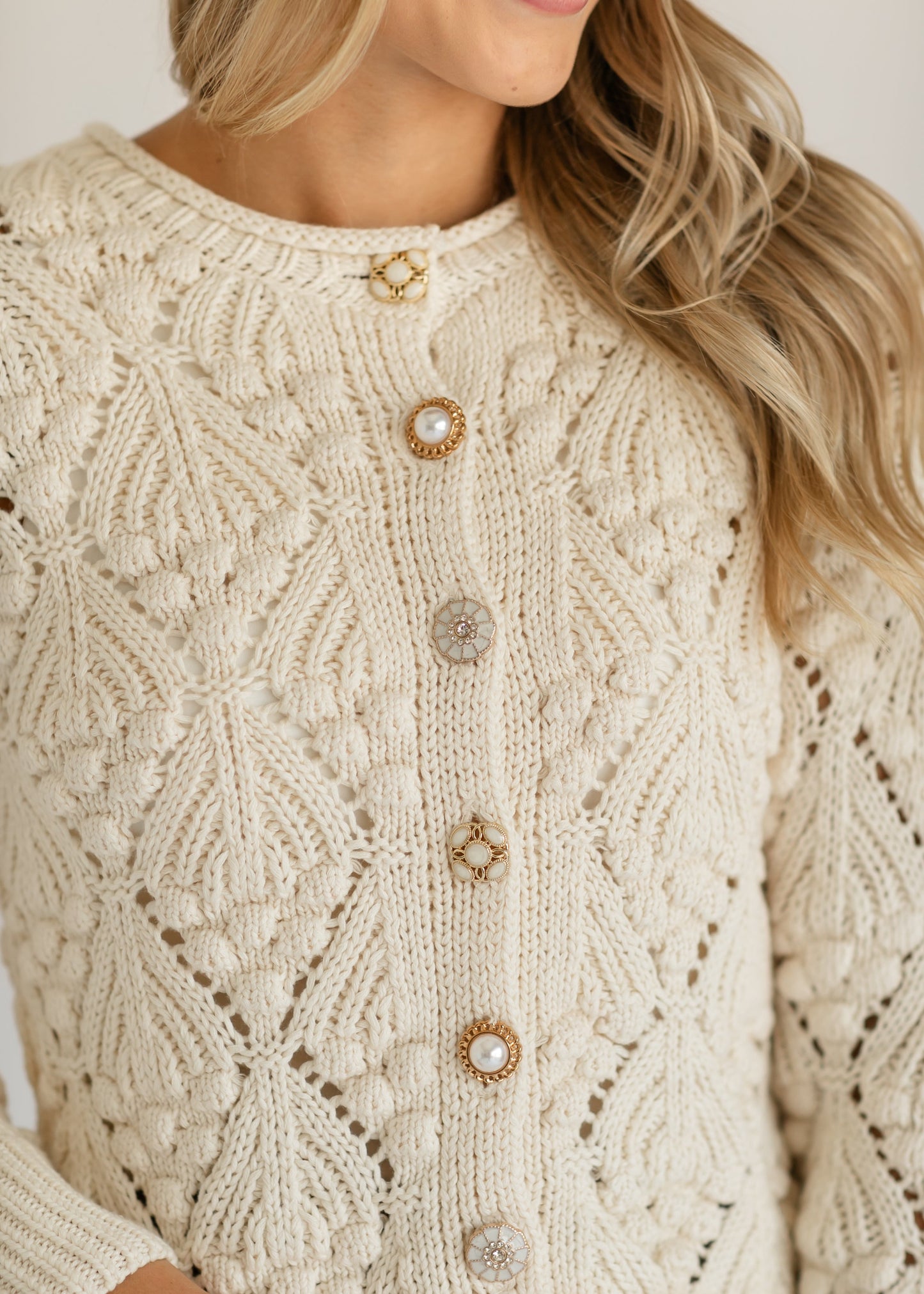 Ivory Gold Button Crochet Cardigan FF Tops