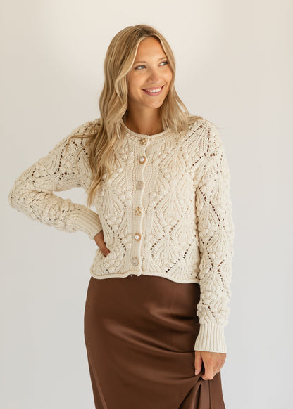 Ivory Gold Button Crochet Cardigan FF Tops