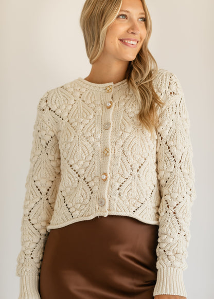 Ivory Gold Button Crochet Cardigan FF Tops