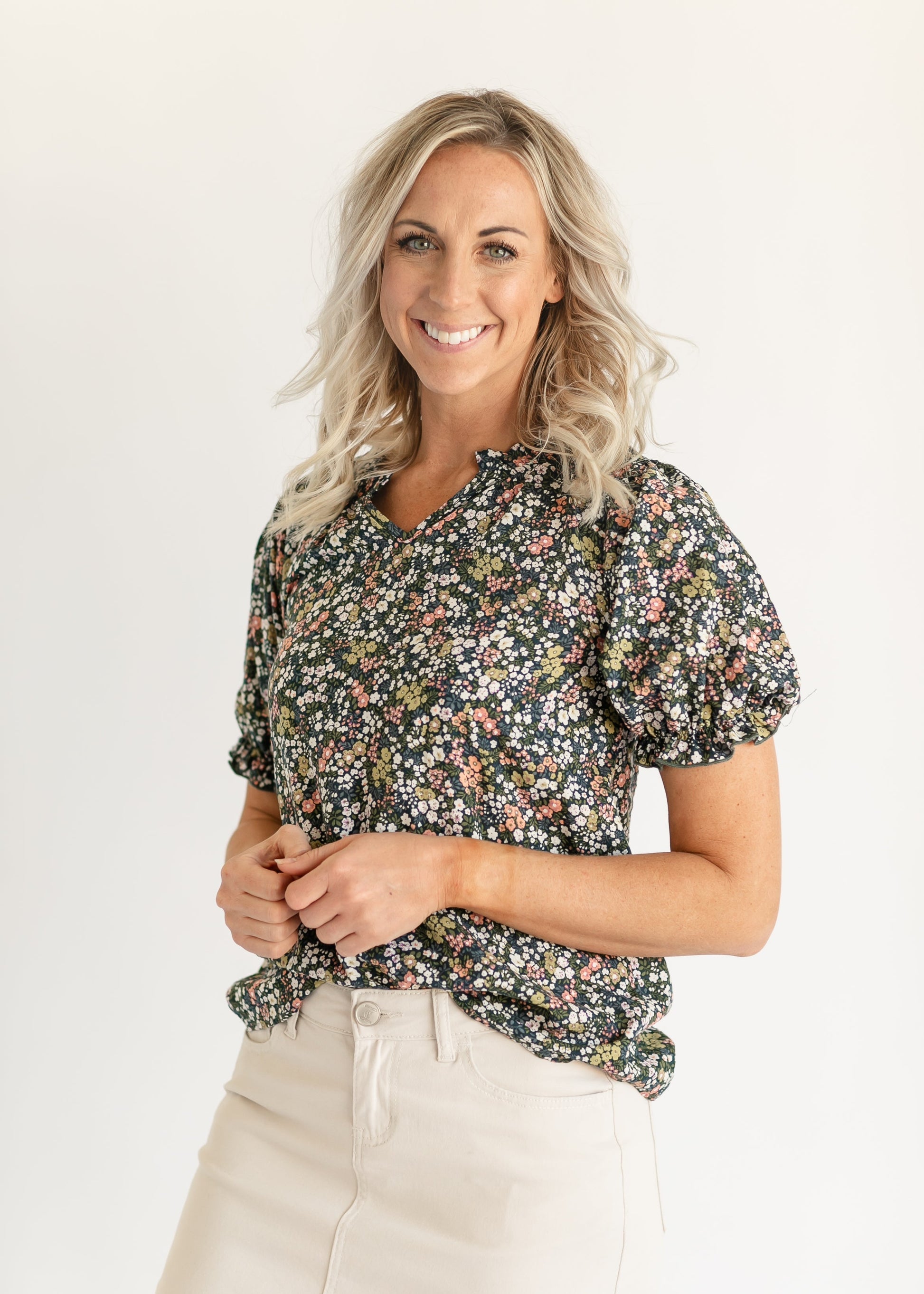 Jenna Navy Floral V-neck Top FF Tops