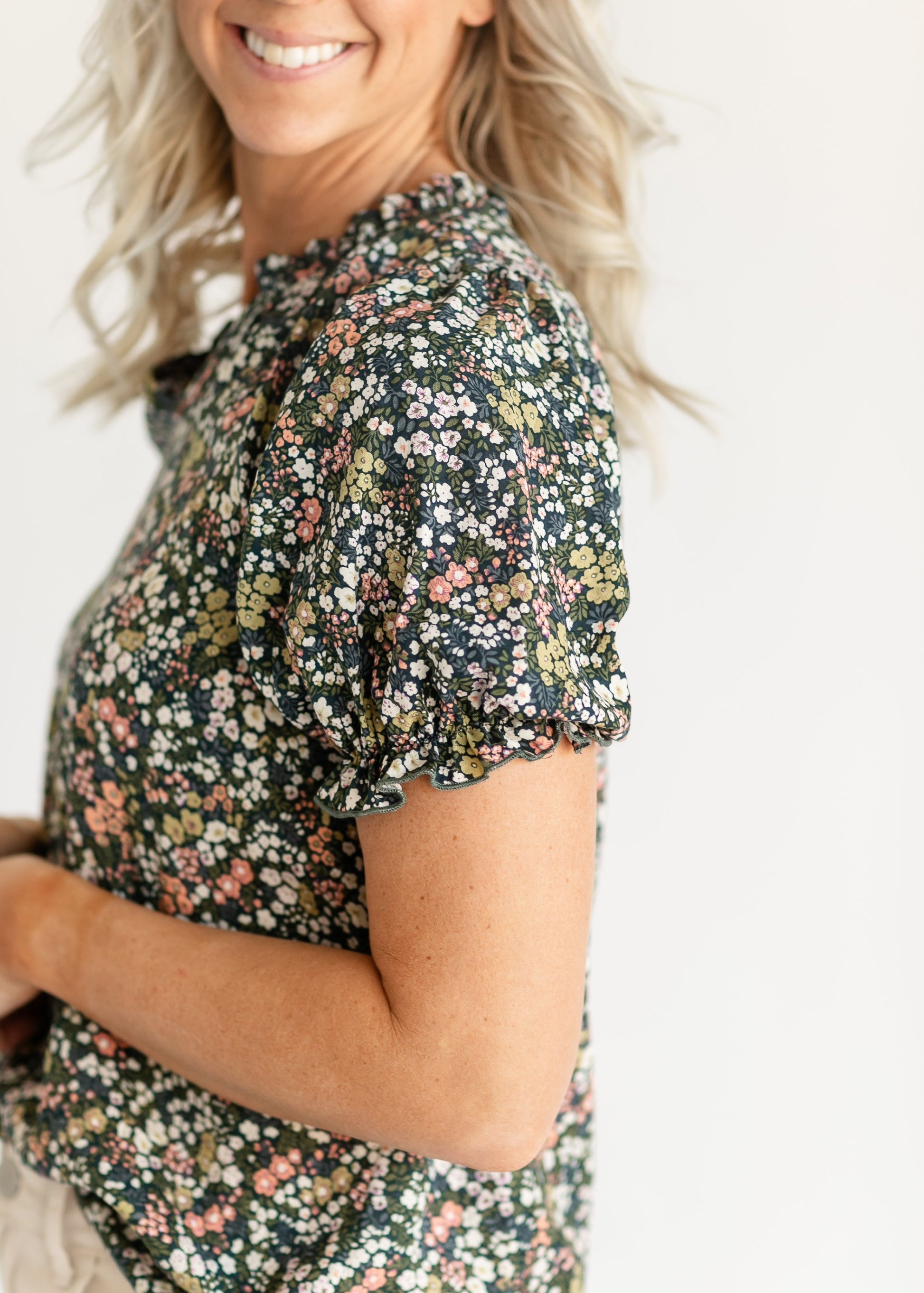 Jenna Navy Floral V-neck Top FF Tops