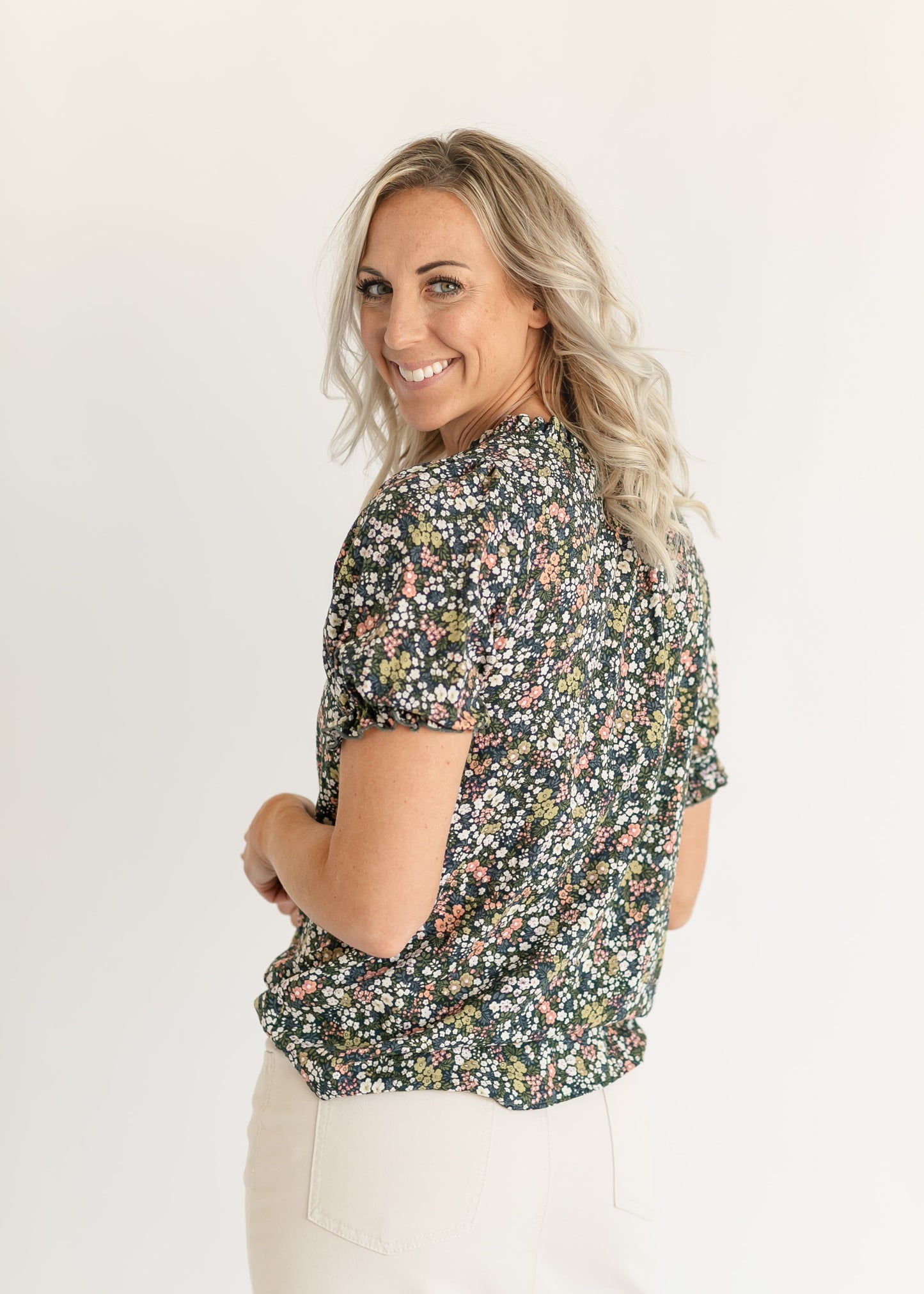 Jenna Navy Floral V-neck Top FF Tops