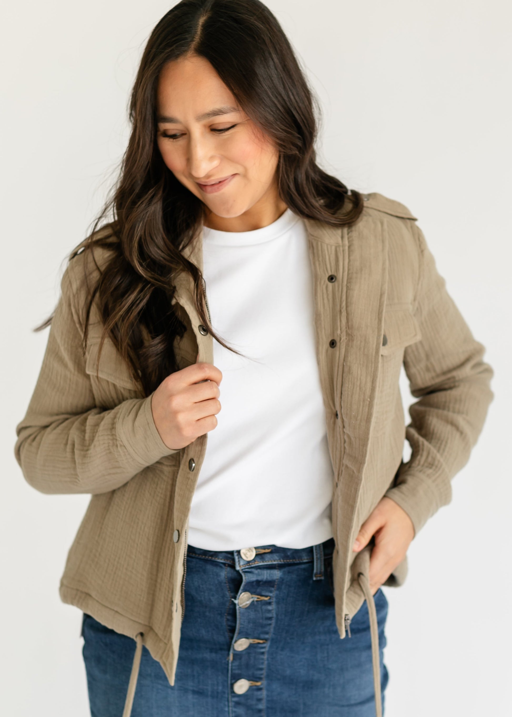 Khaki Gauze Snap Front Jacket FF Layering Essentials