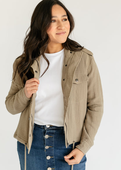 Khaki Gauze Snap Front Jacket FF Layering Essentials