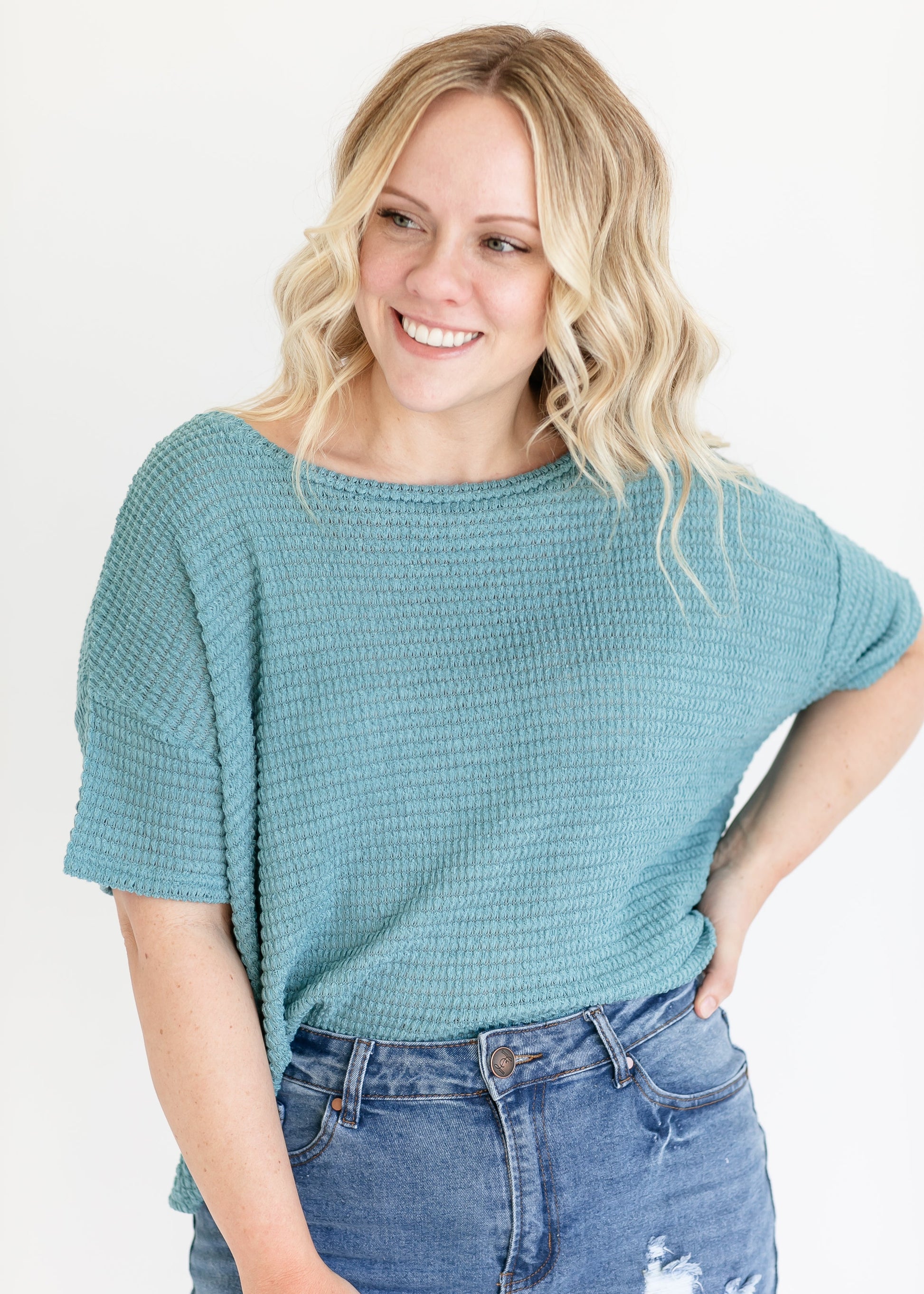 Knit Short Sleeve Boatneck Top FF Tops