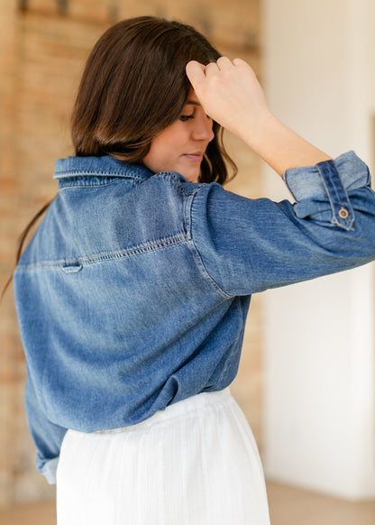 Leighton Linen Blend Denim Long Sleeve Top FF Tops