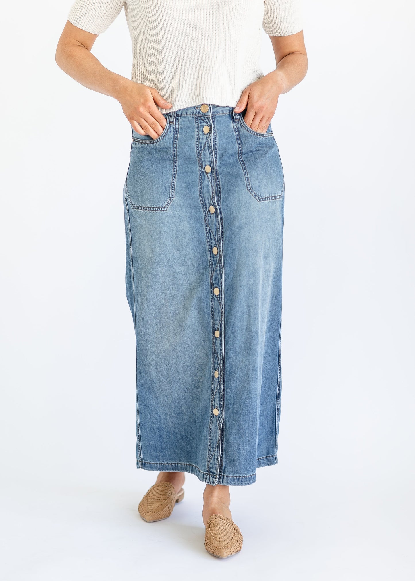 Liora Button Front Denim Maxi Skirt FF Skirts