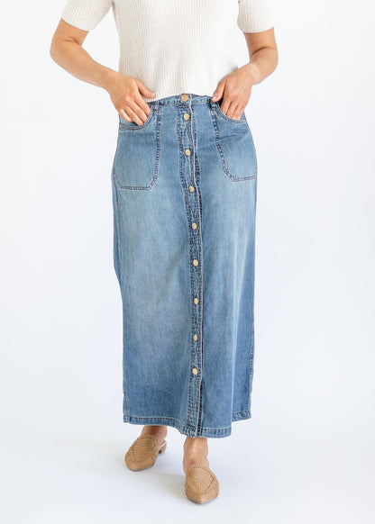 Liora Button Front Denim Maxi Skirt FF Skirts