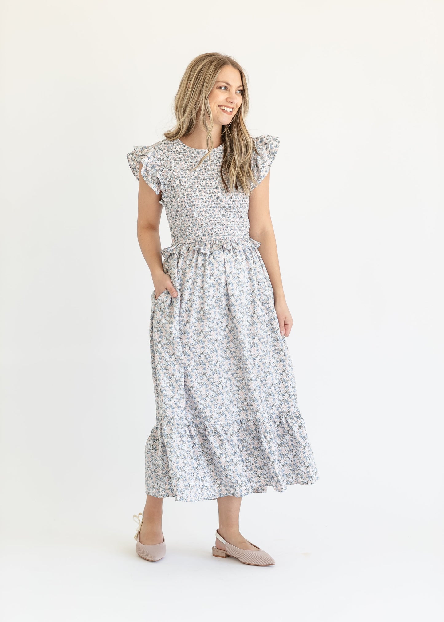 Lola Smocked Flutter Sleeve Maxi Dress FF Dresses