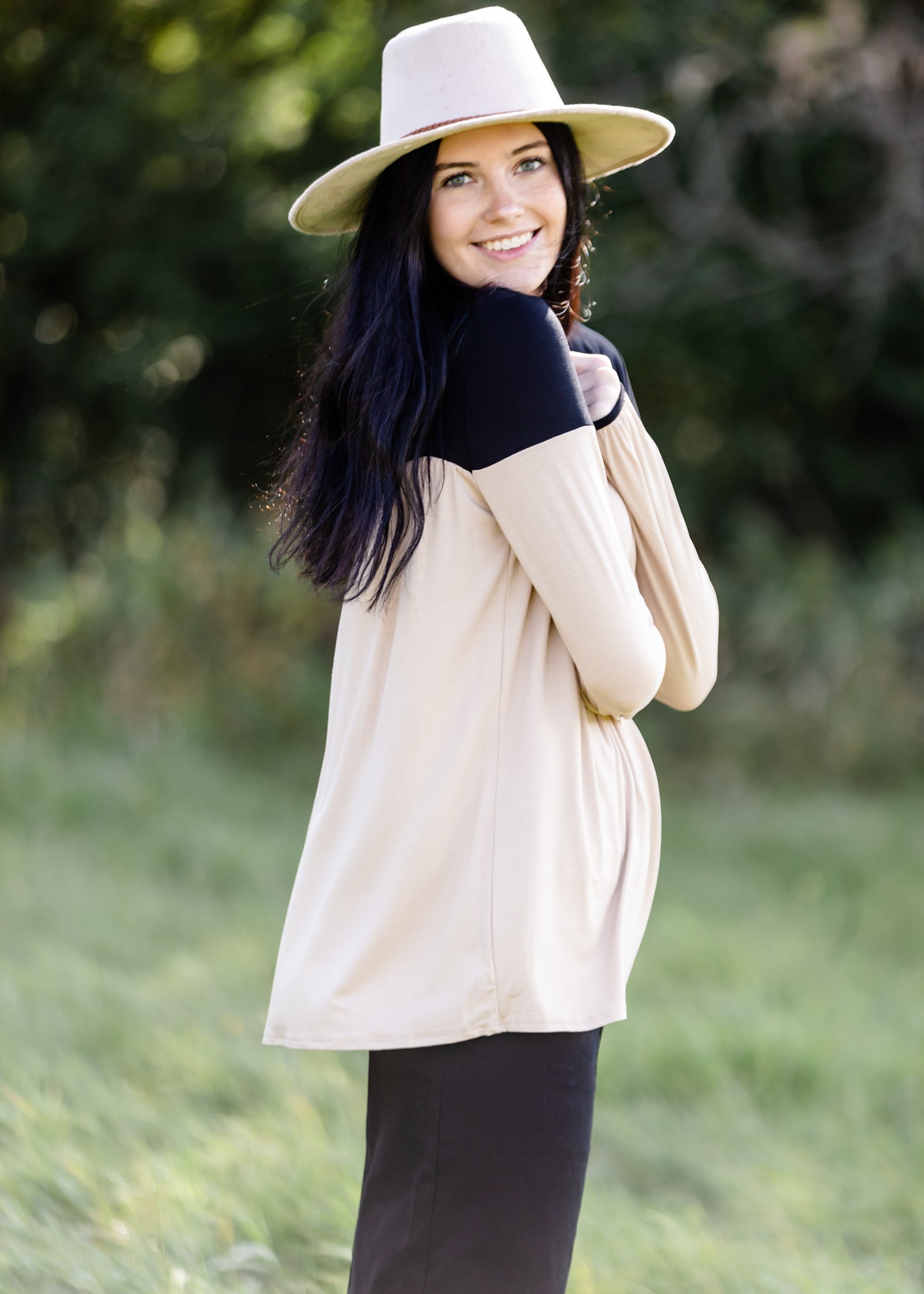 Long Sleeve Color Block Taupe + Black Top - FINAL SALE FF Tops