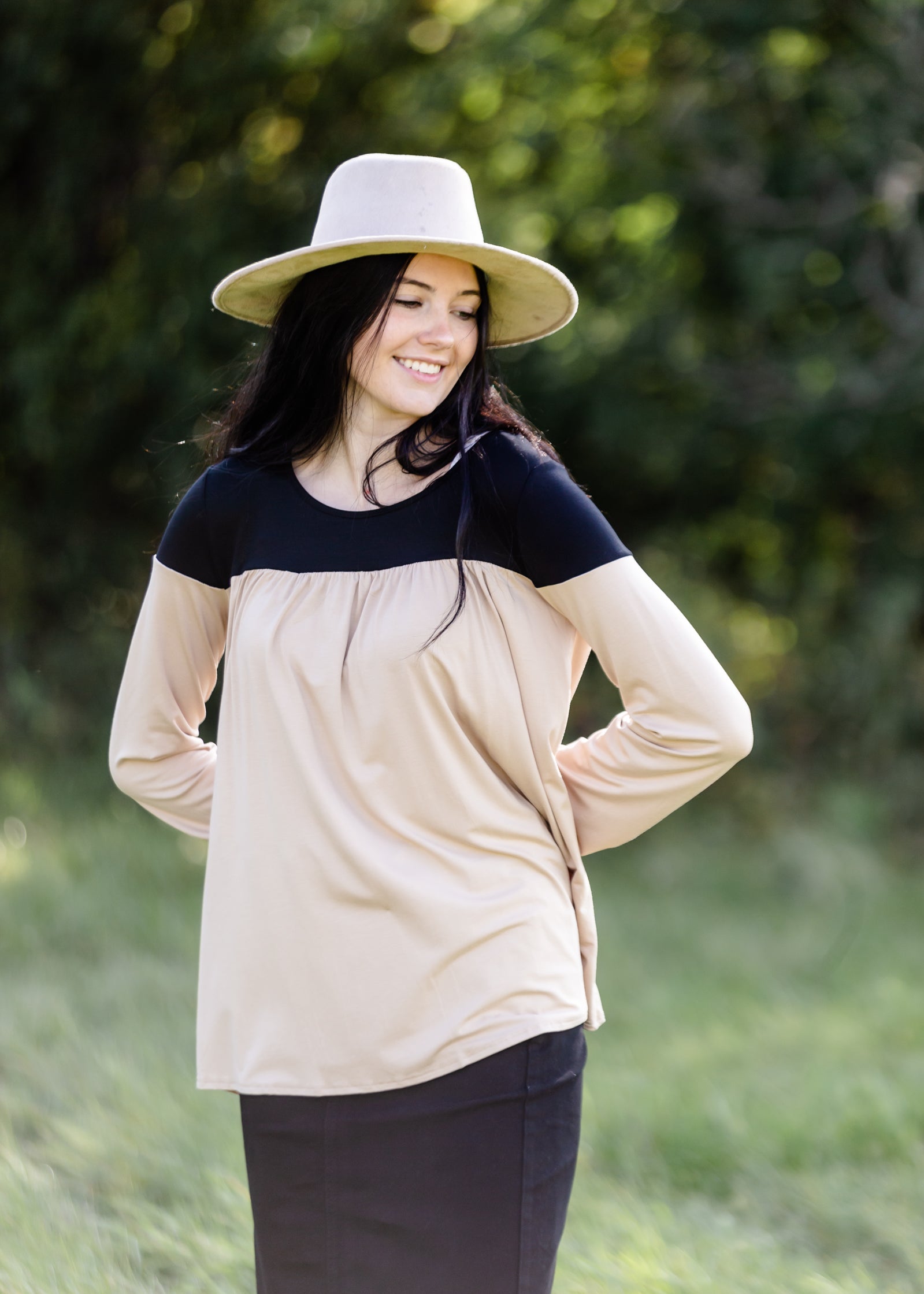 Long Sleeve Color Block Taupe + Black Top - FINAL SALE FF Tops